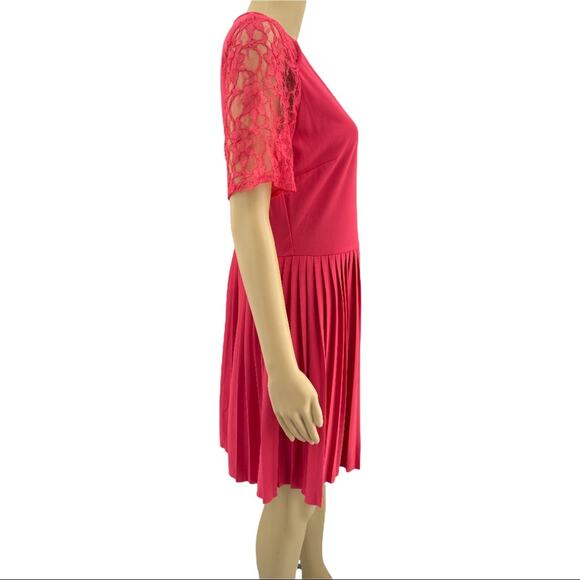 ASOS US 10 Pink Floral Lace Short Sleeve Zip Up Pleated Mini Fit & Flare Dress - Picture 3 of 7